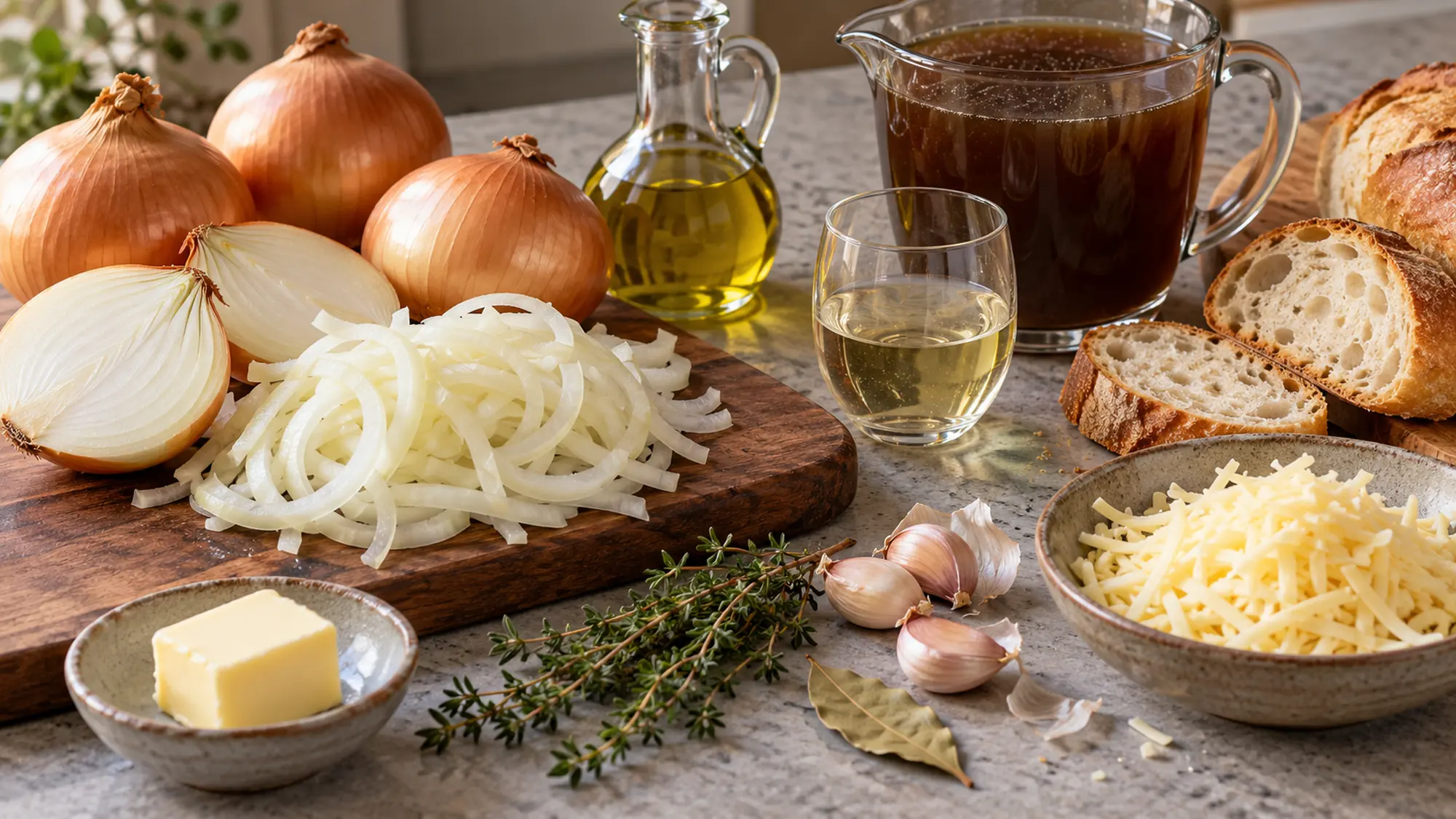 French onion soup recipe ingredients arranged before cooking