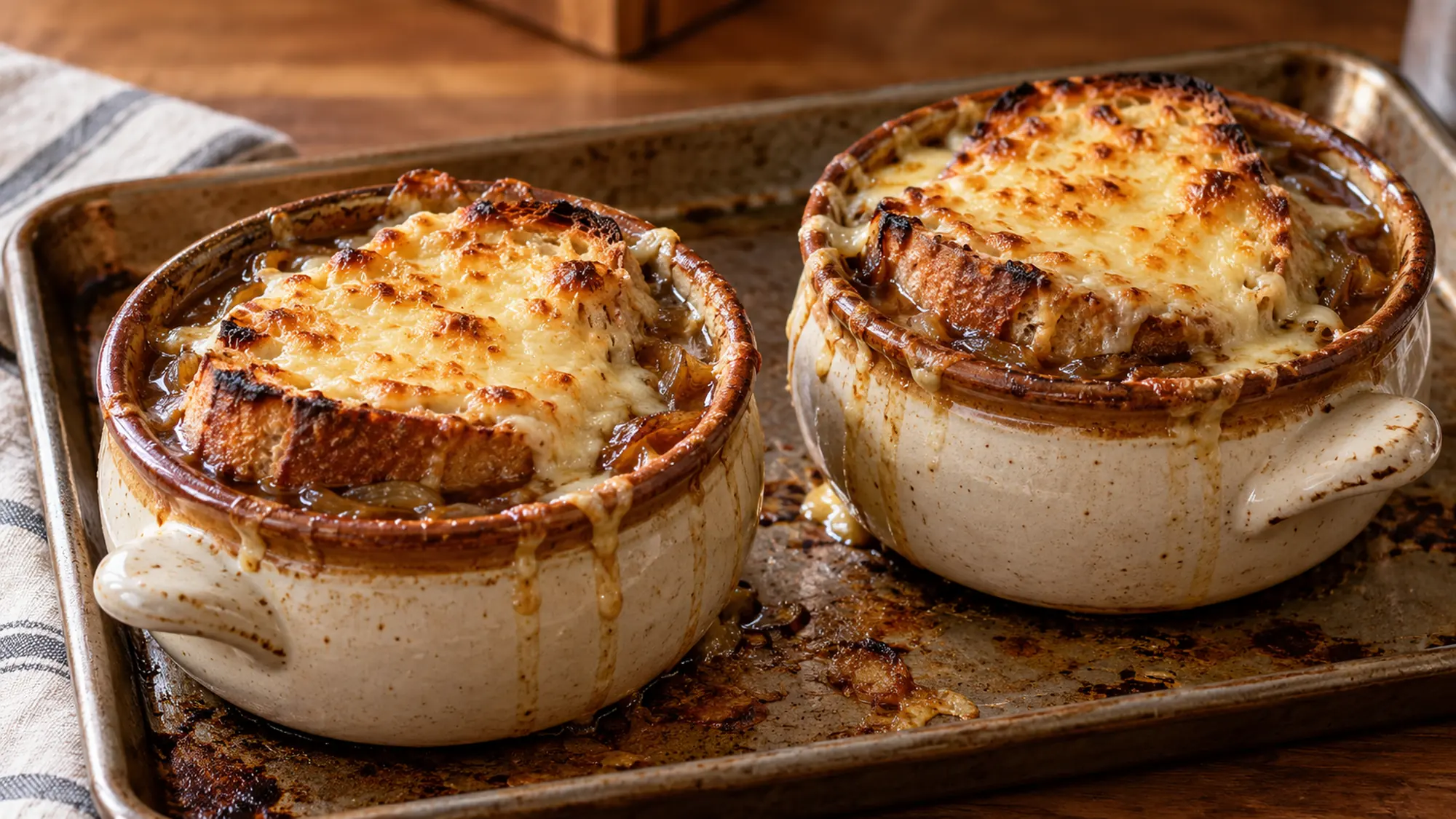 French onion soup recipe finished in oven-safe crocks on a baking sheet