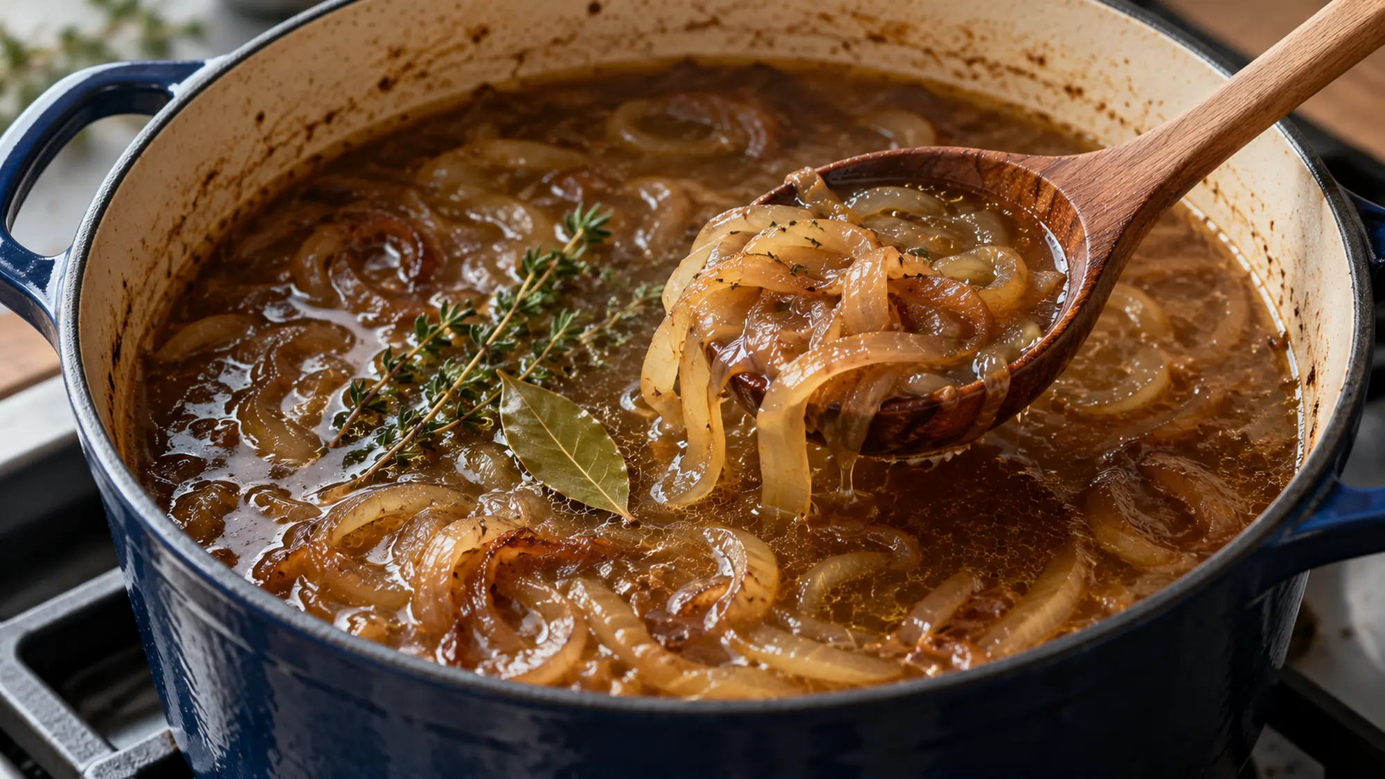 French onion soup recipe simmering with onion ribbons and herbs