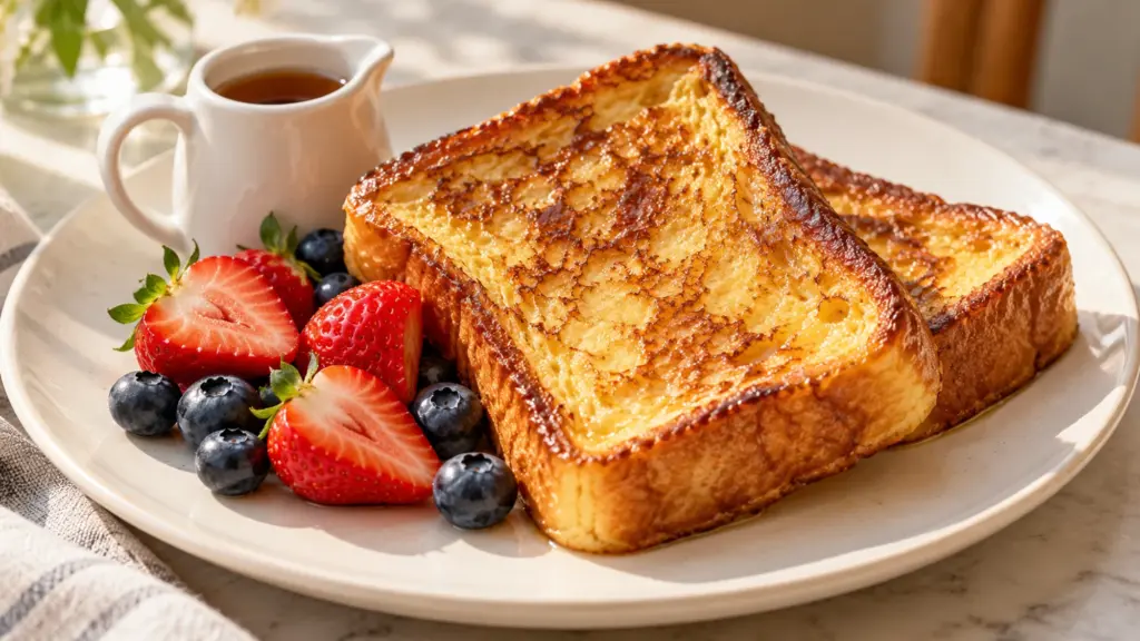French toast with golden edges and fresh berries