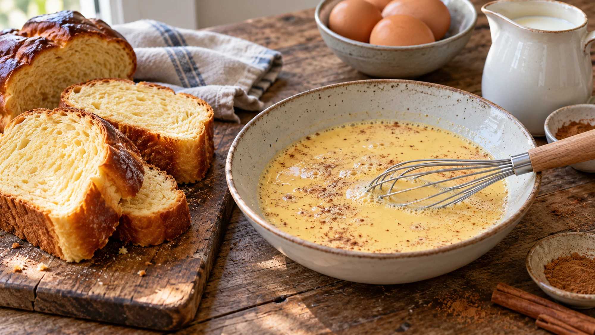 French toast preparation with thick brioche and cinnamon egg custard