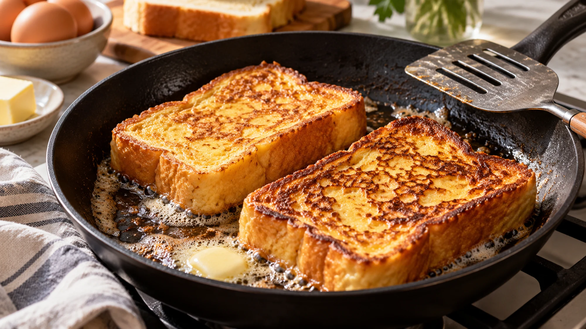 French toast slices browning in a buttered skillet