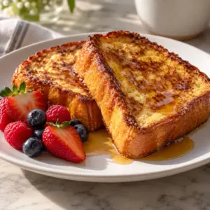 French toast with golden brioche slices and a light maple drizzle