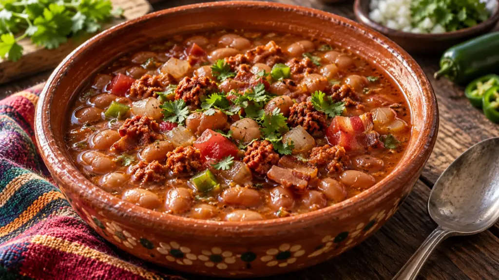 Frijoles charros with whole pinto beans bacon chorizo and cilantro