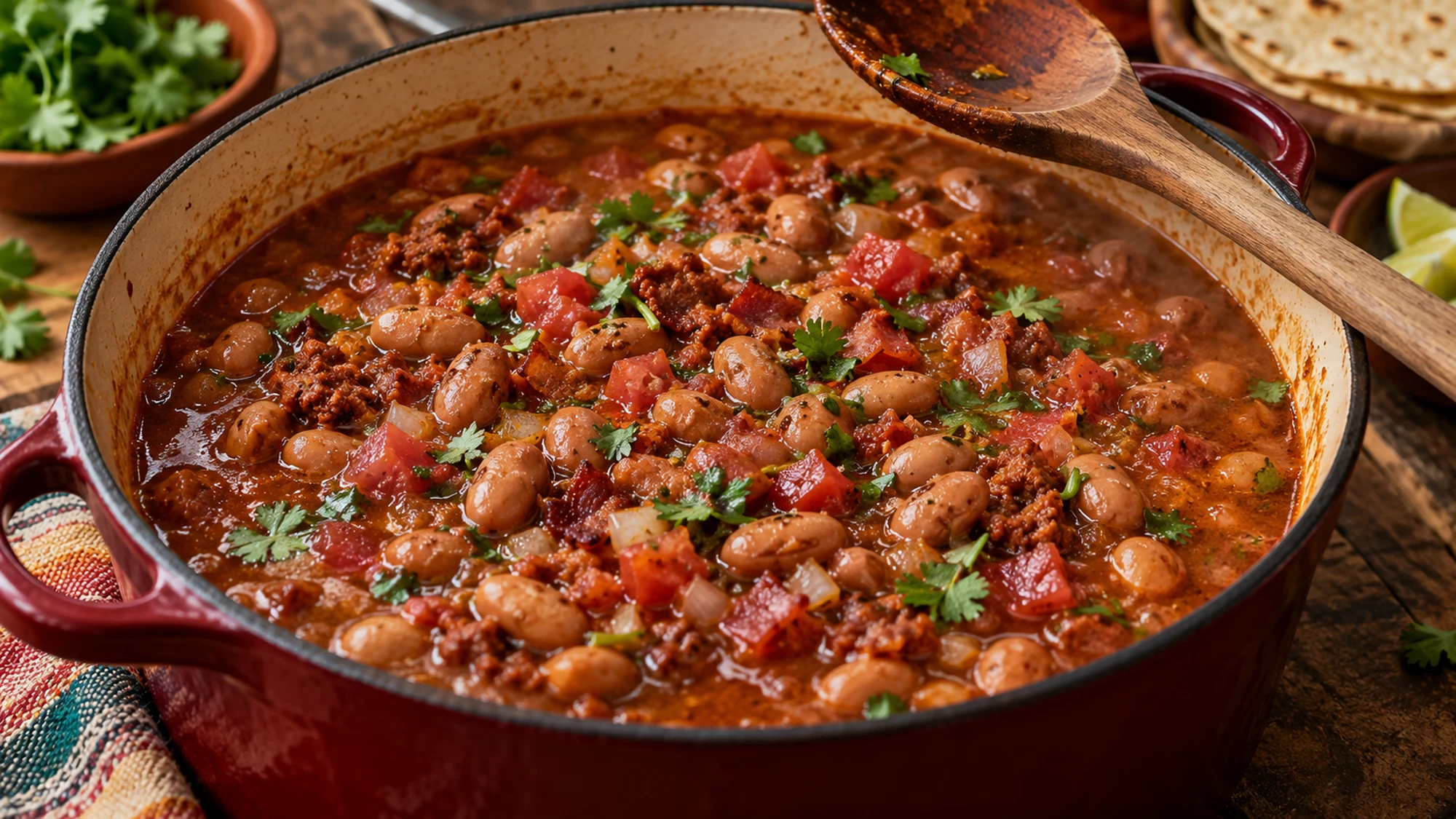 Frijoles charros simmering gently in a Dutch oven