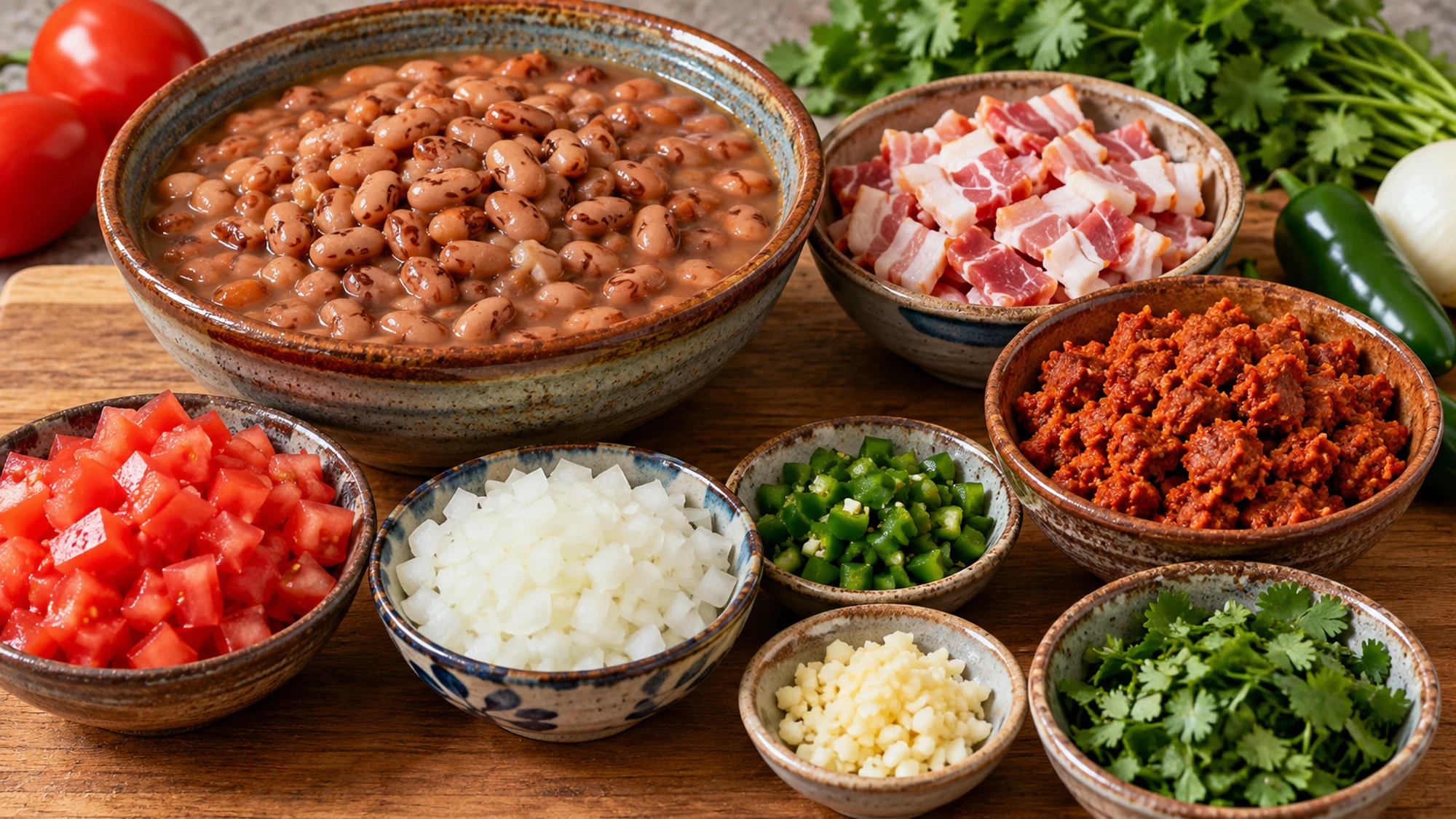Frijoles charros ingredients with cooked pinto beans bacon chorizo and vegetables