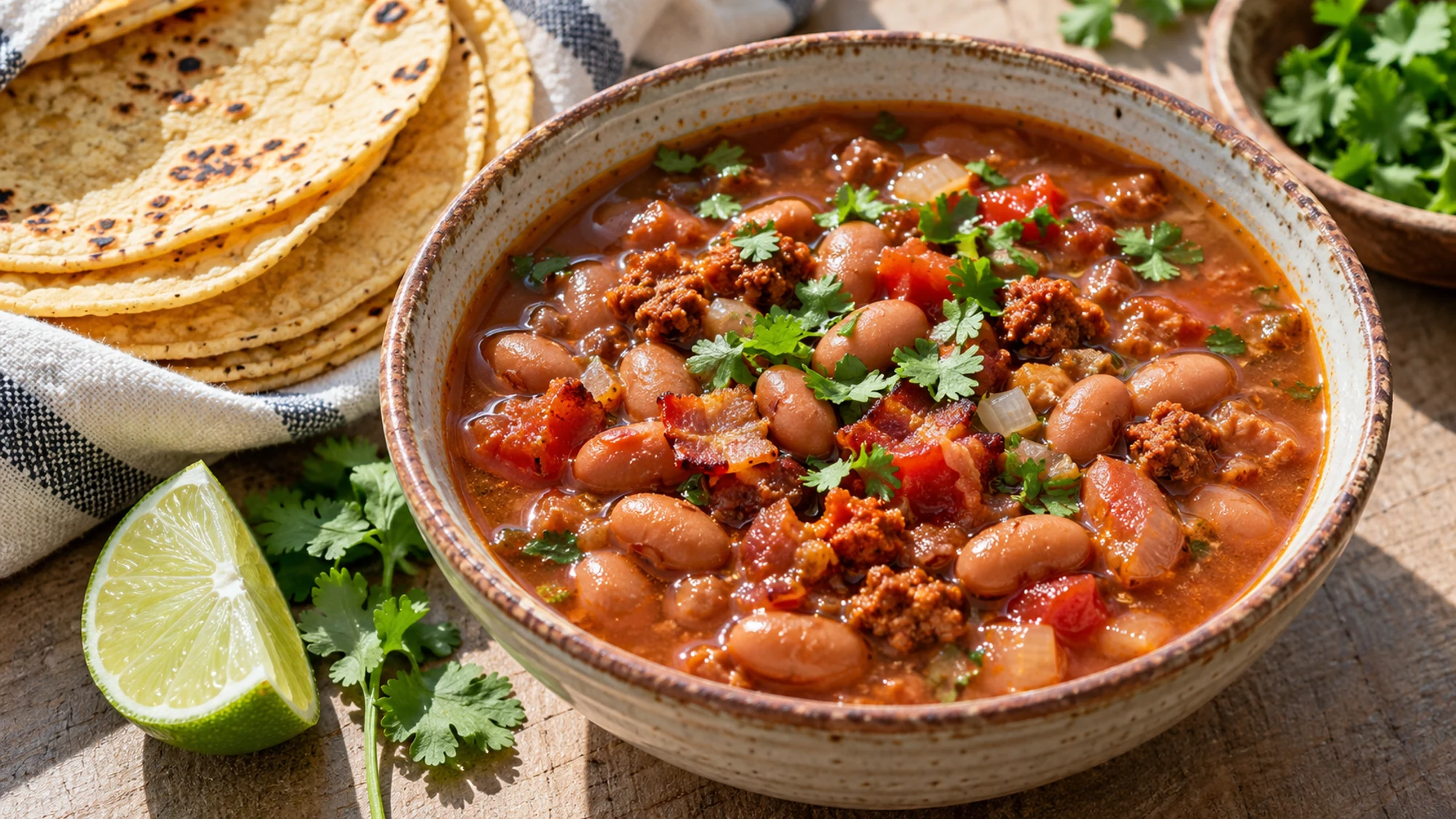 Frijoles charros served with corn tortillas and lime