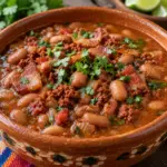 Frijoles charros with creamy whole beans in a savory tomato broth
