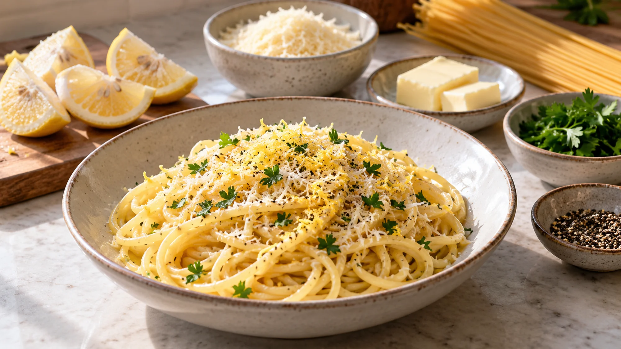 frozen lemon pasta beside lemon quarters, butter and Parmesan