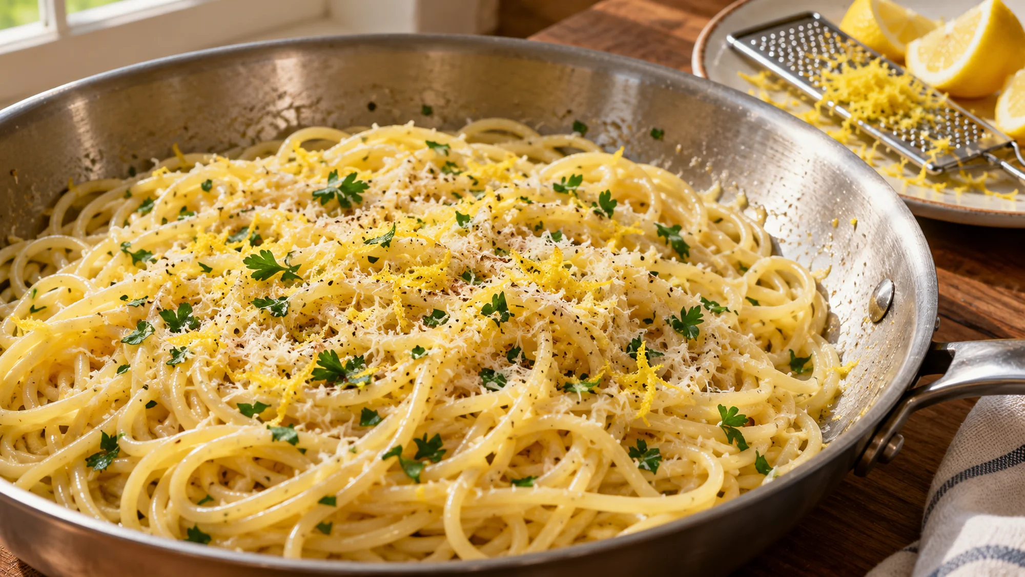 frozen lemon pasta finished with fine lemon shavings in a skillet