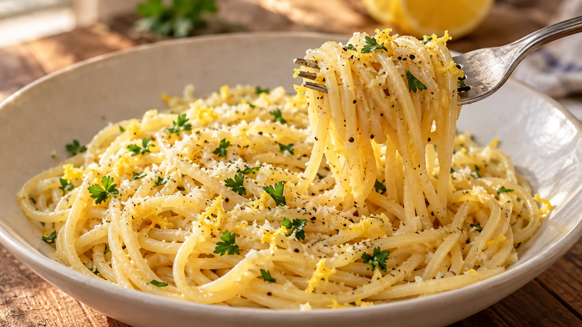 frozen lemon pasta lifted in a glossy swirl on a fork