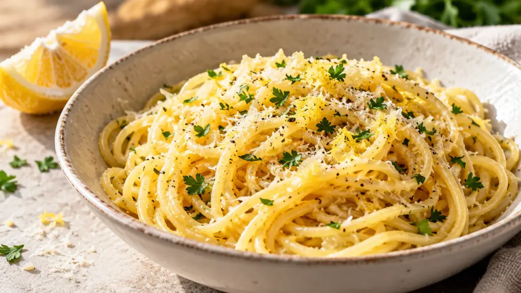 frozen lemon pasta with Parmesan, black pepper and parsley