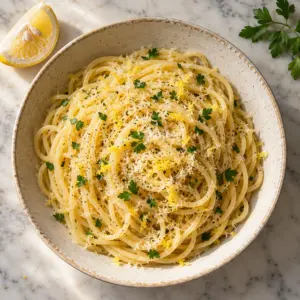 frozen lemon pasta with yellow zest and Parmesan, overhead