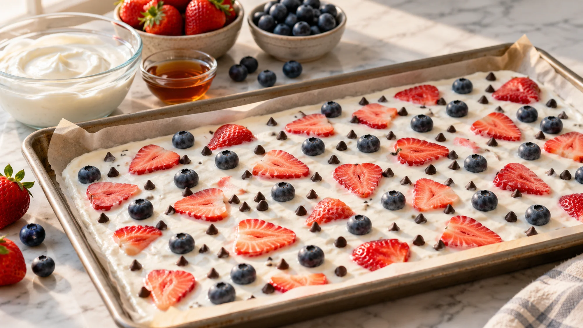 frozen yogurt bark spread thinly on parchment with berries and chocolate chips