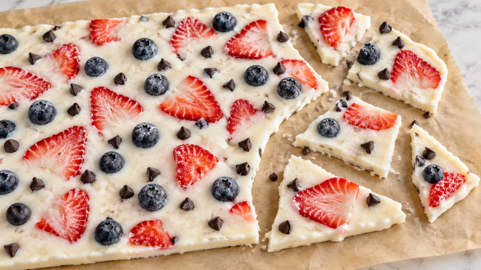 frozen yogurt bark sheet broken into thin pieces on parchment