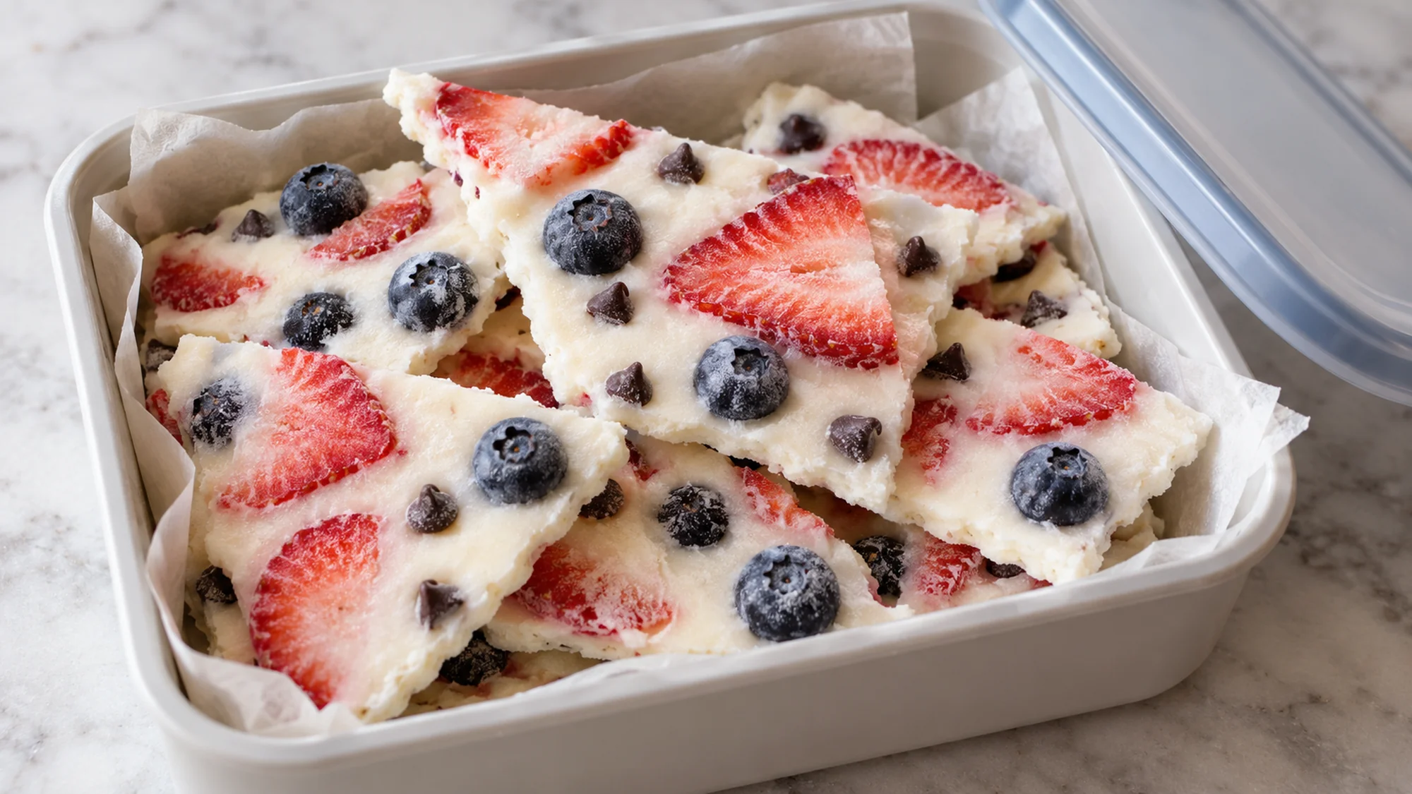 frozen yogurt bark layered with parchment in a freezer container
