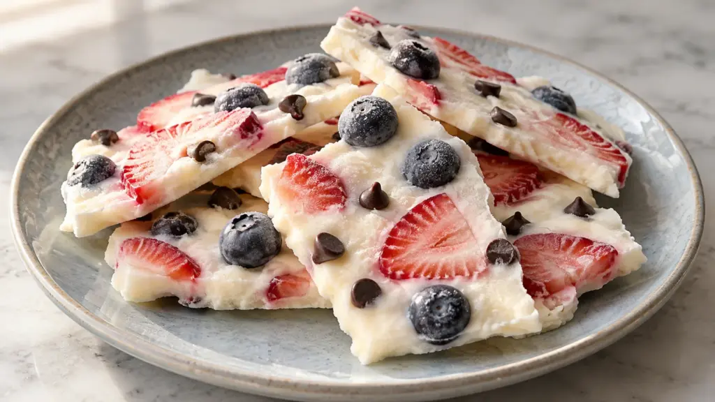 frozen yogurt bark shards with strawberries, blueberries and chocolate chips