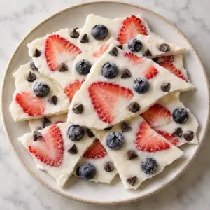 frozen yogurt bark with berries and chocolate chips, overhead