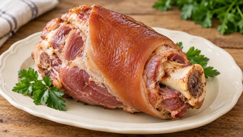 Cooked bone-in gammon hock with its rind on a cream platter