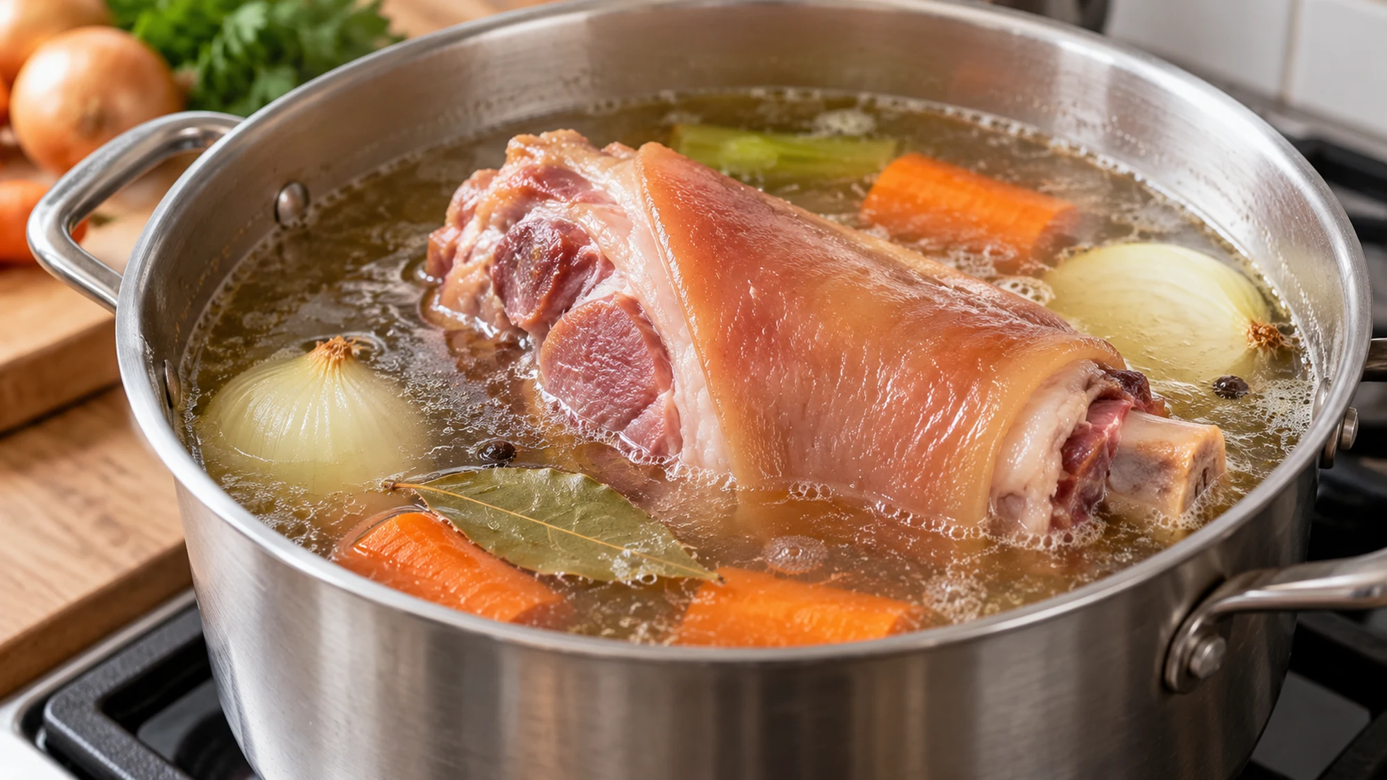 Gammon hock in a pot of broth with onion, carrot and bay leaf
