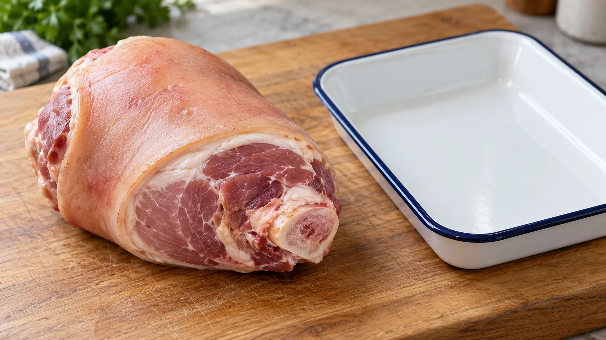 Uncooked cured gammon hock on a cutting board beside an enamel tray