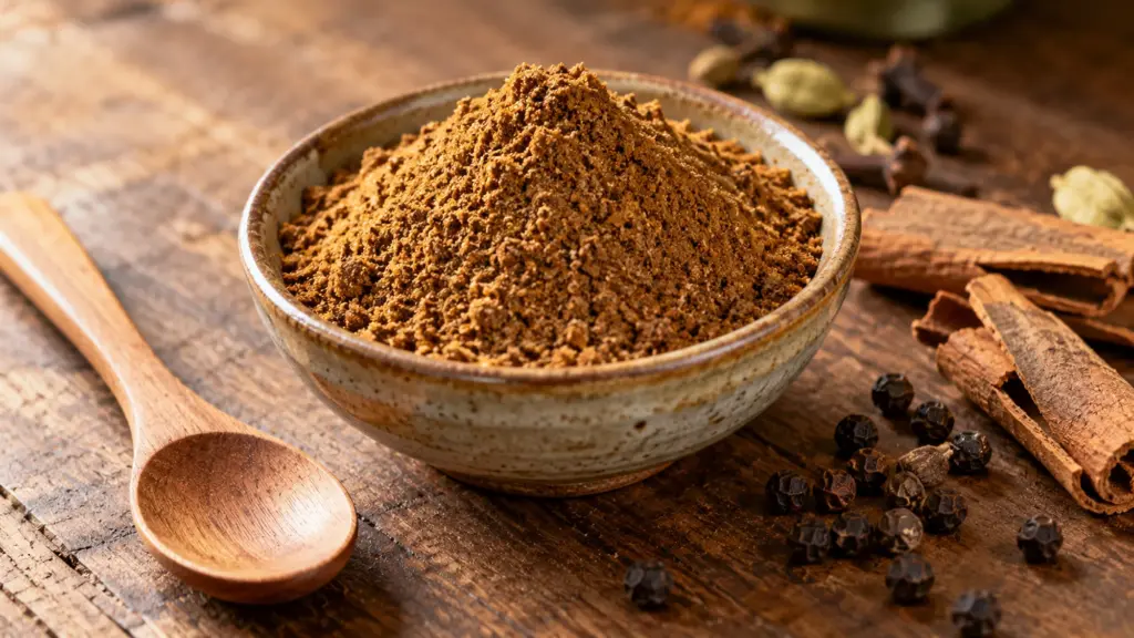 Garam masala powder in a ceramic bowl beside cinnamon and peppercorns