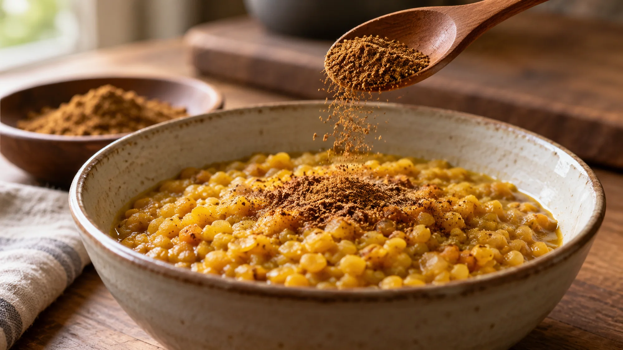 Garam masala sprinkled from a wooden spoon over cooked lentils