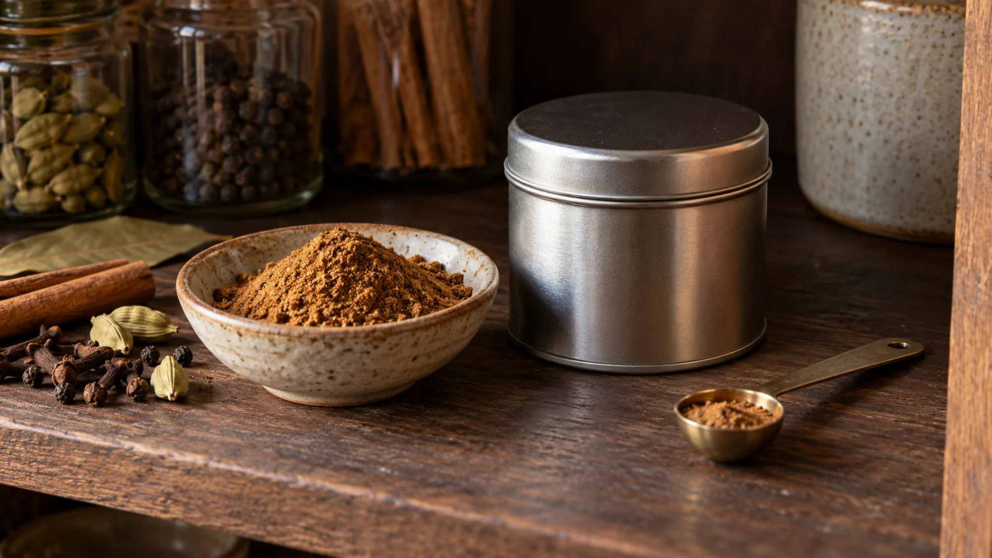 Garam masala beside a tightly closed spice tin on a pantry shelf