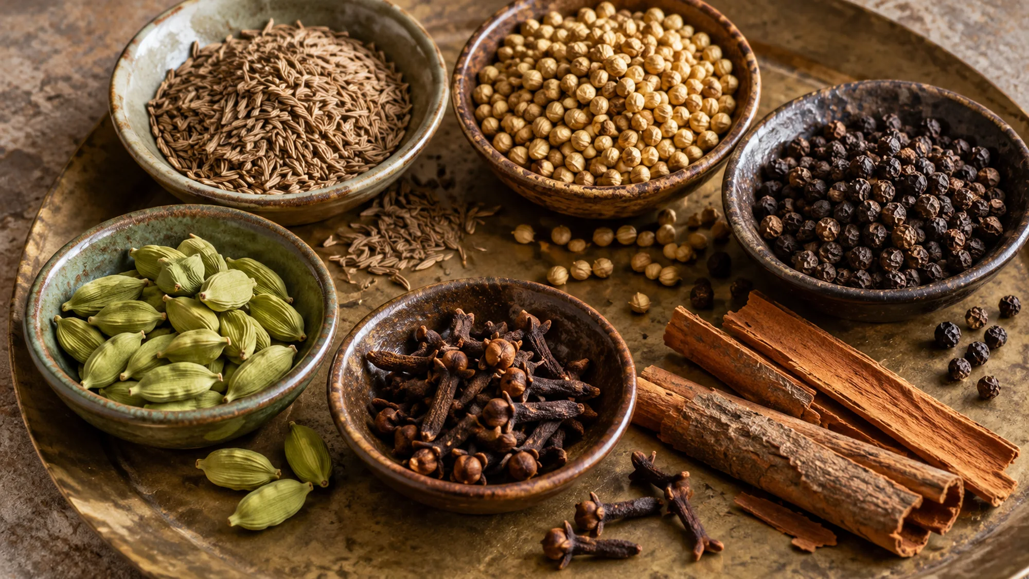 Whole cumin, coriander, pepper, cardamom, cloves and cinnamon used in garam masala