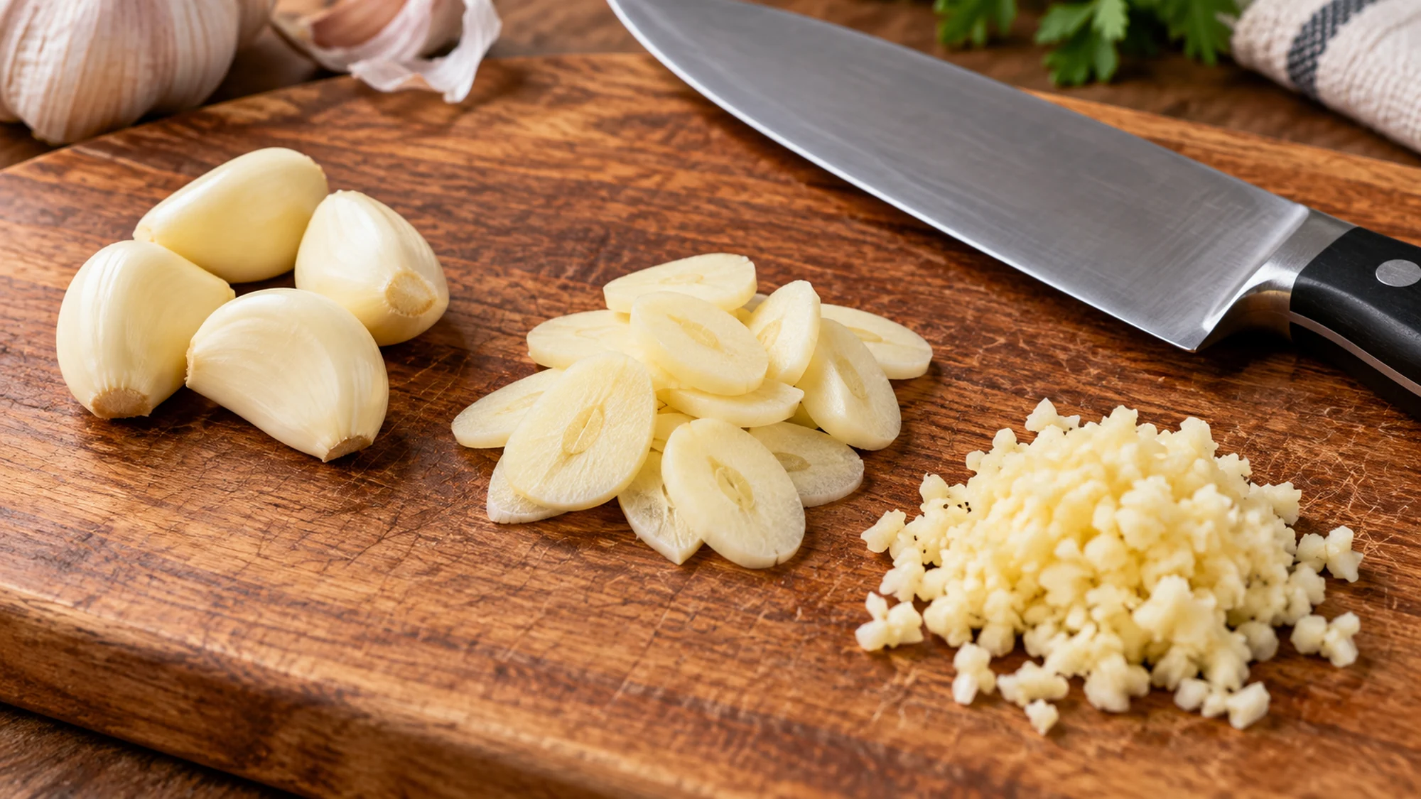Garlic cloves shown whole, sliced and minced on a cutting board