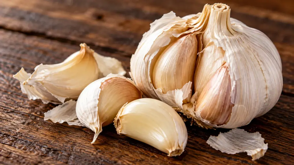 Garlic cloves with papery skins beside a partly opened bulb
