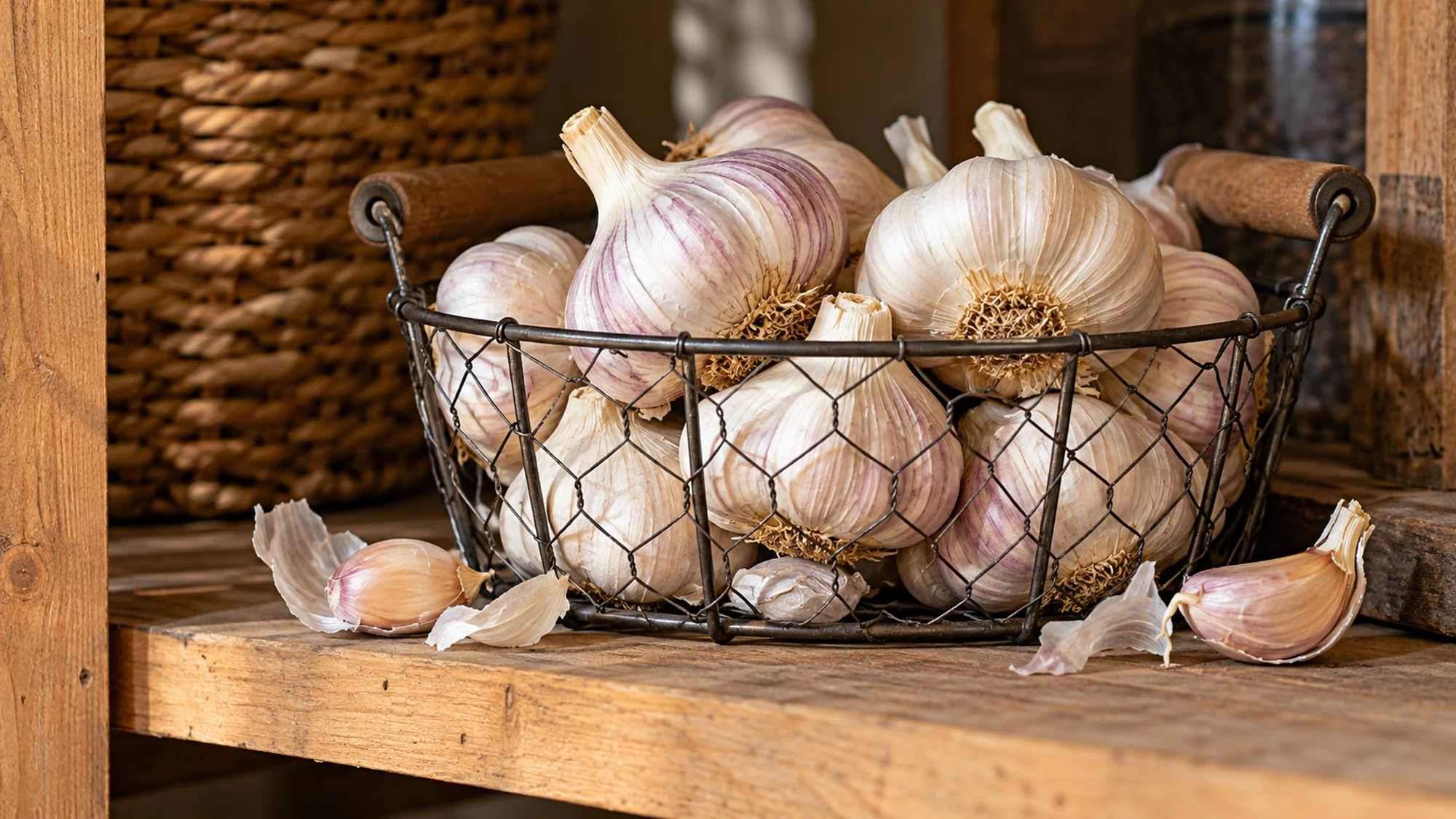 Garlic cloves and whole bulbs stored in a ventilated pantry basket