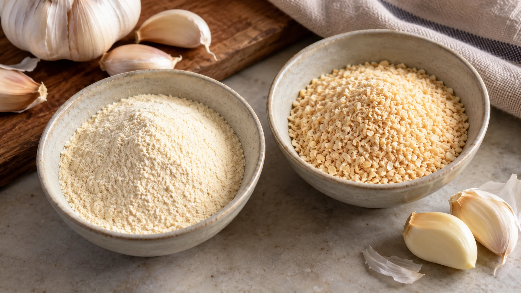 Fine garlic powder beside coarser dried garlic and fresh cloves
