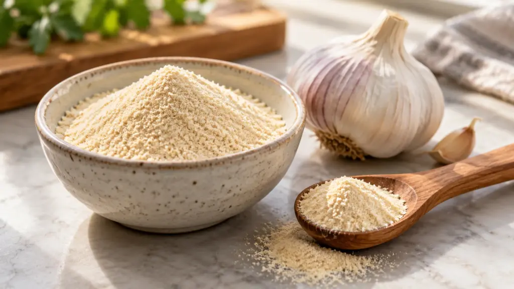 Garlic powder in a ceramic bowl and wooden spoon beside a whole bulb