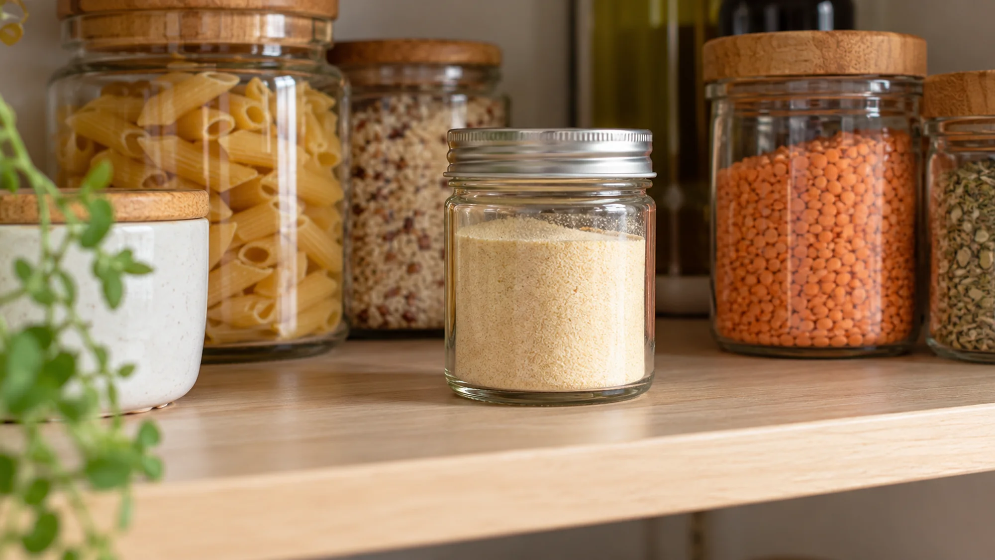 Garlic powder stored in a tightly closed glass pantry jar