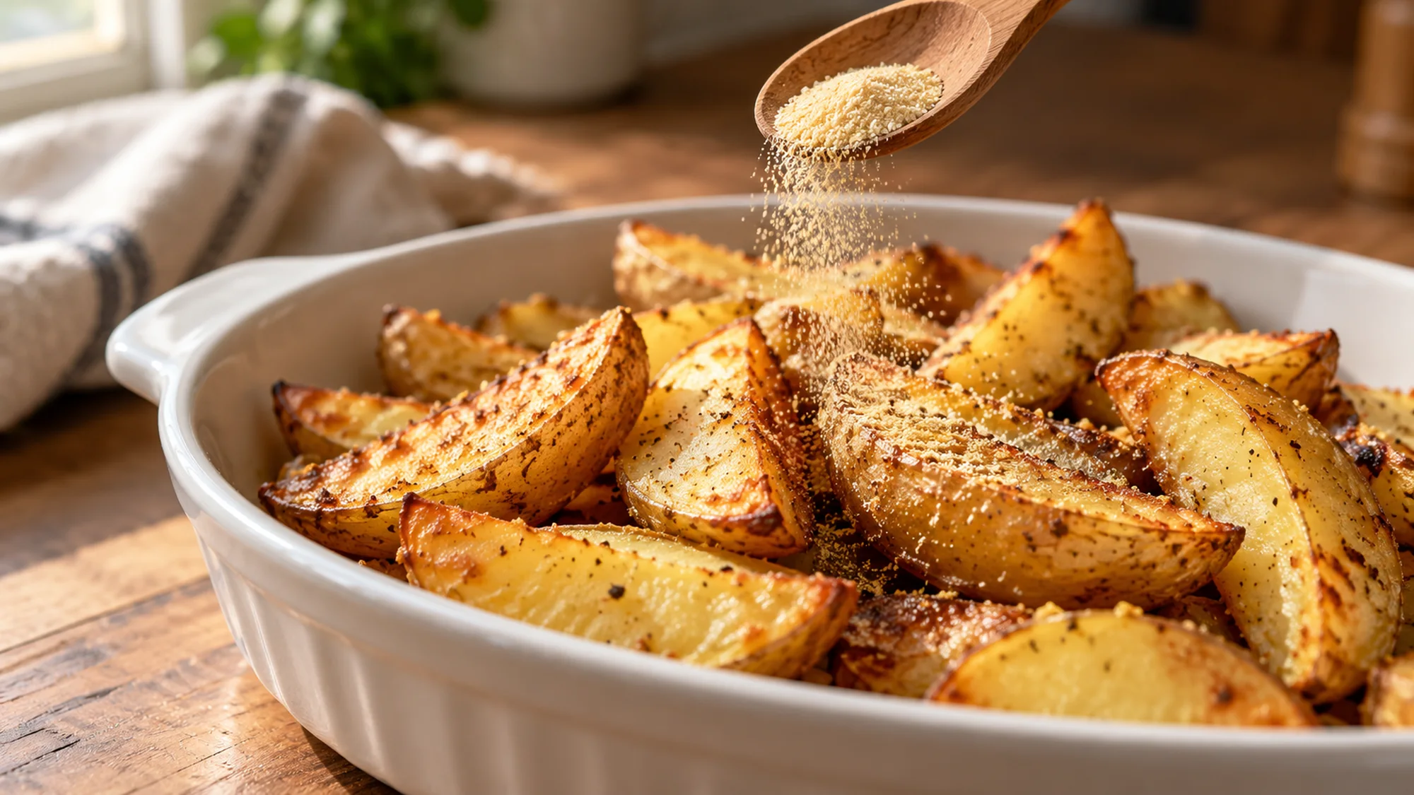 Garlic powder sprinkled onto golden roasted potato wedges