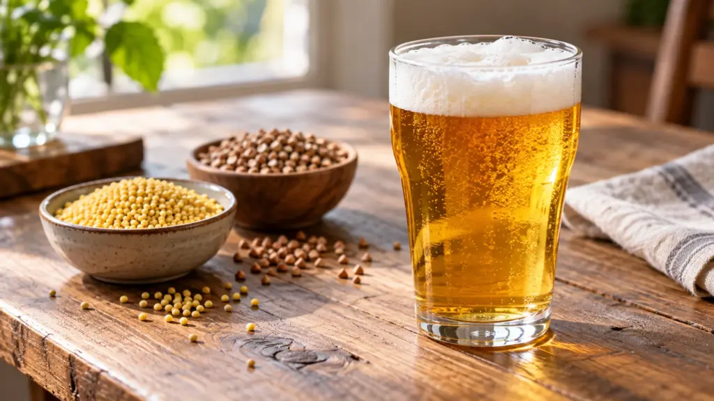 Golden gluten free ale beside millet and buckwheat