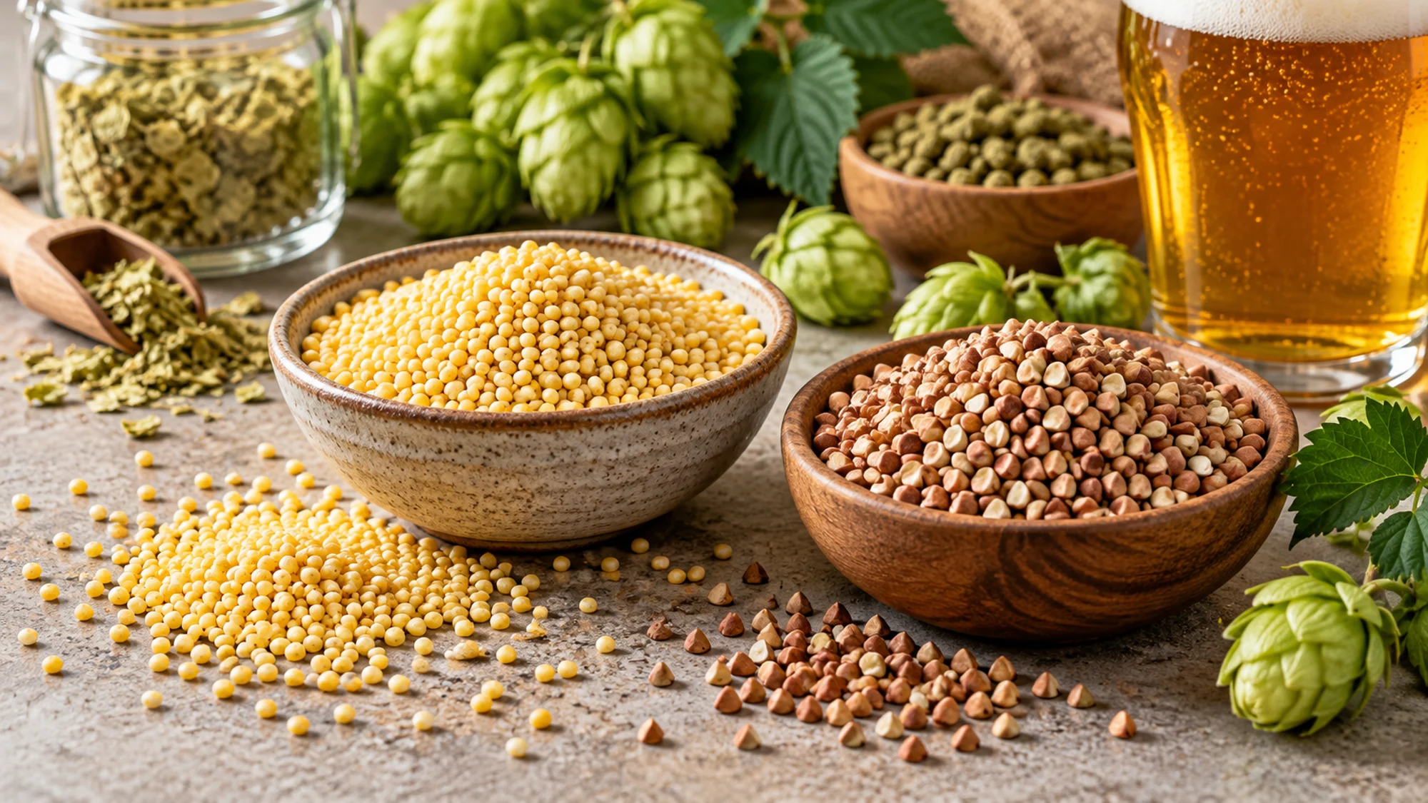 Millet, buckwheat and hops used in gluten free ale brewing