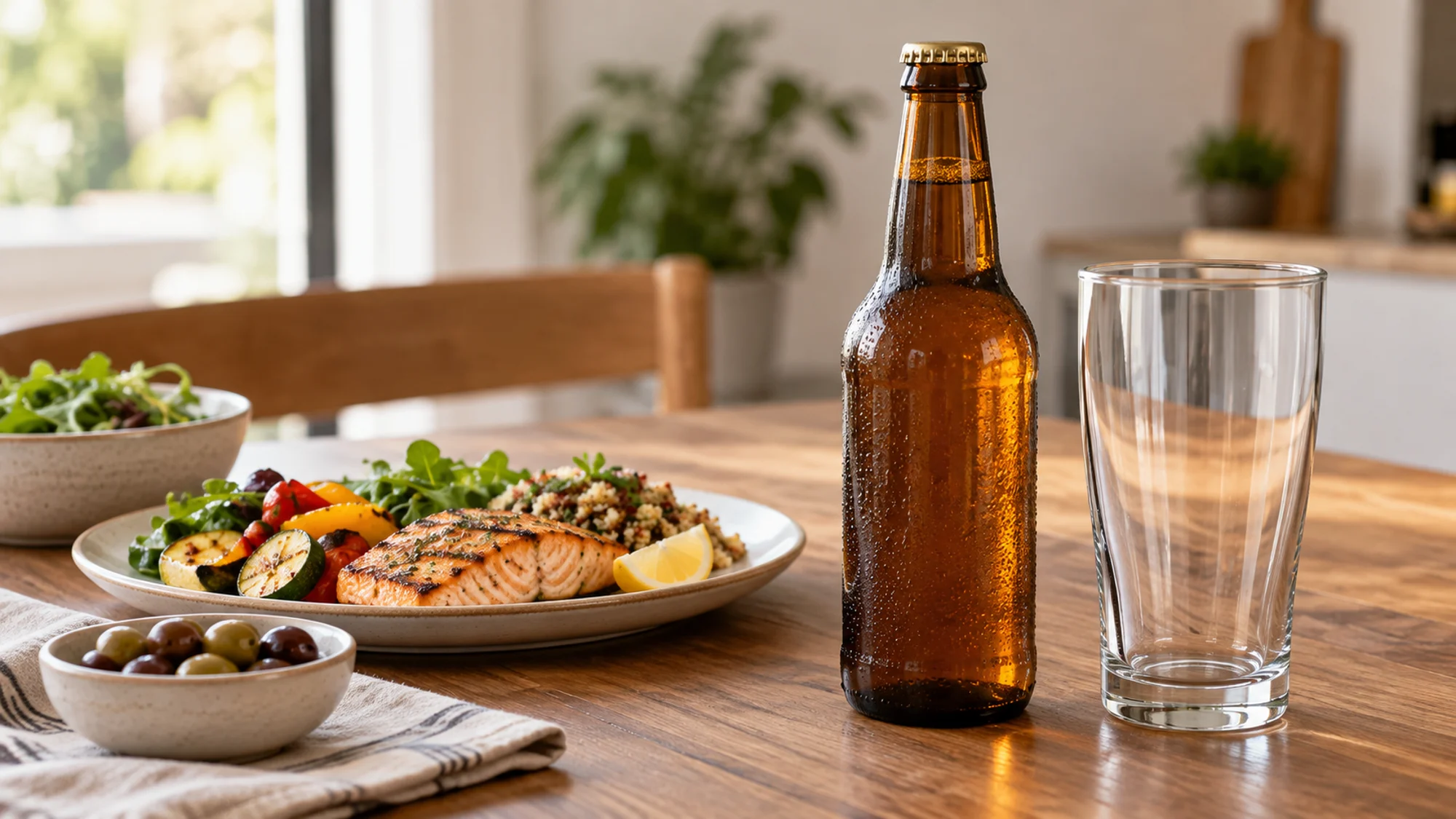 Ale bottle and glass beside salmon and vegetables