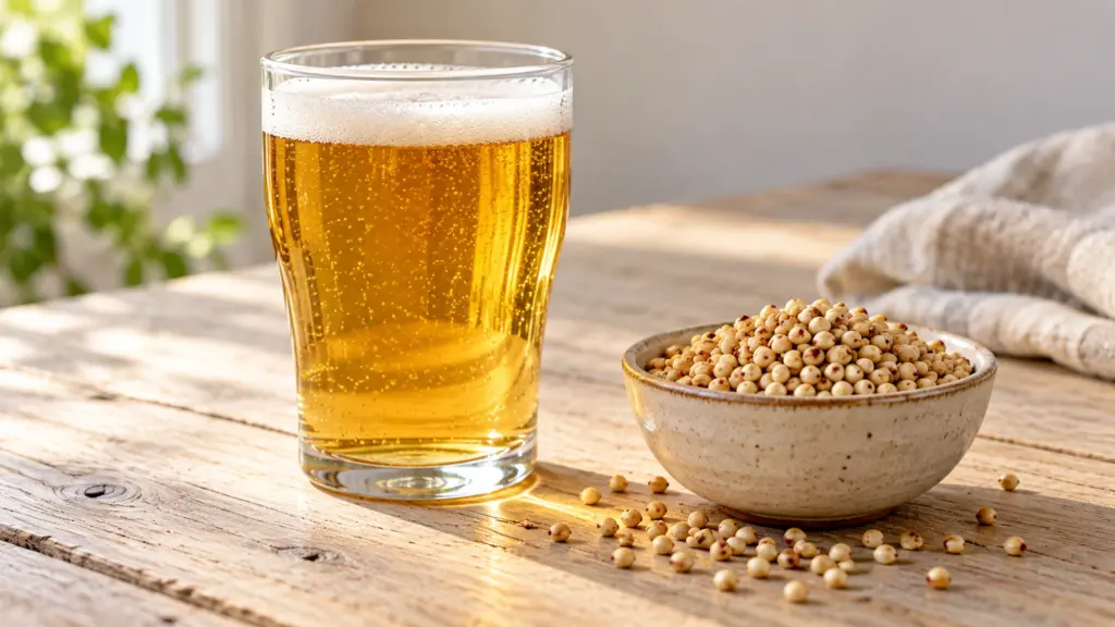 Gluten free beer guide: a golden beer beside sorghum grains