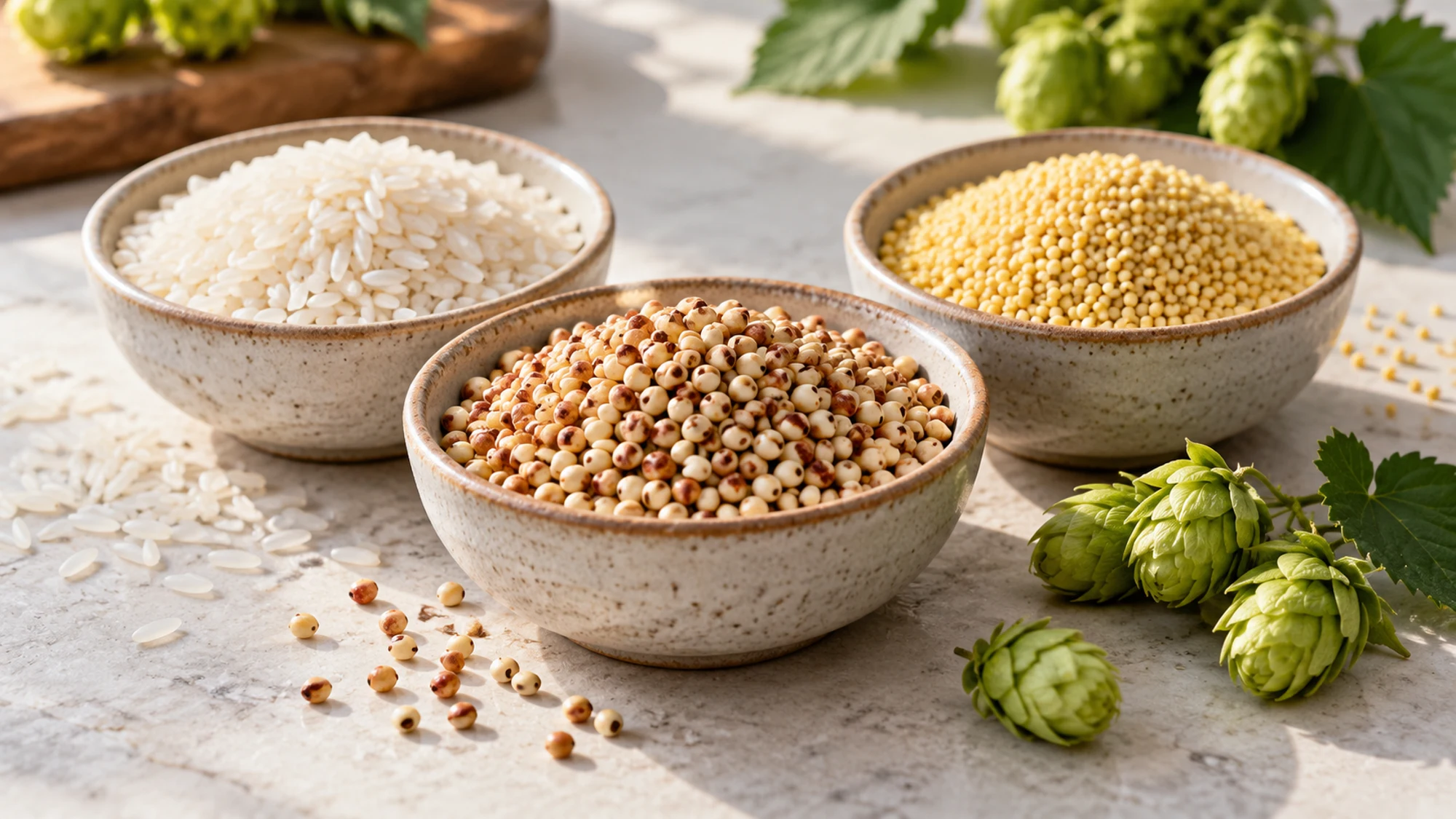 Gluten free beer ingredients: sorghum, rice, millet, and hops