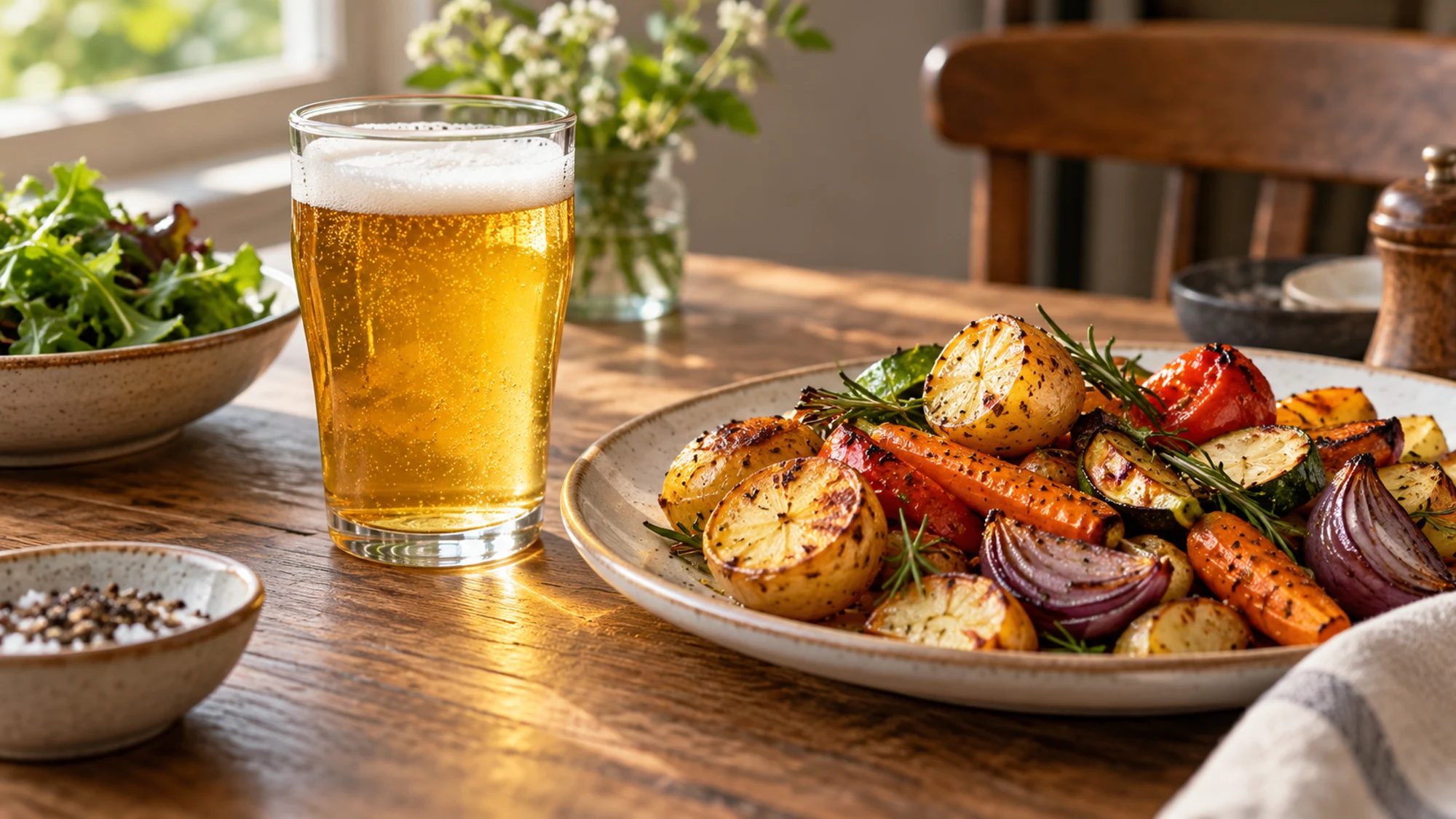 Gluten free beer served beside roasted potatoes and vegetables