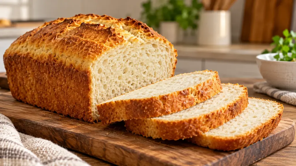 Gluten free bread loaf with golden crust and sliced crumb