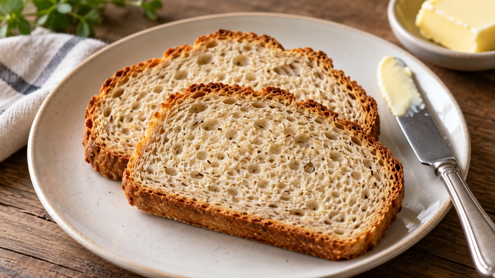 Gluten free bread slices on a plate beside butter