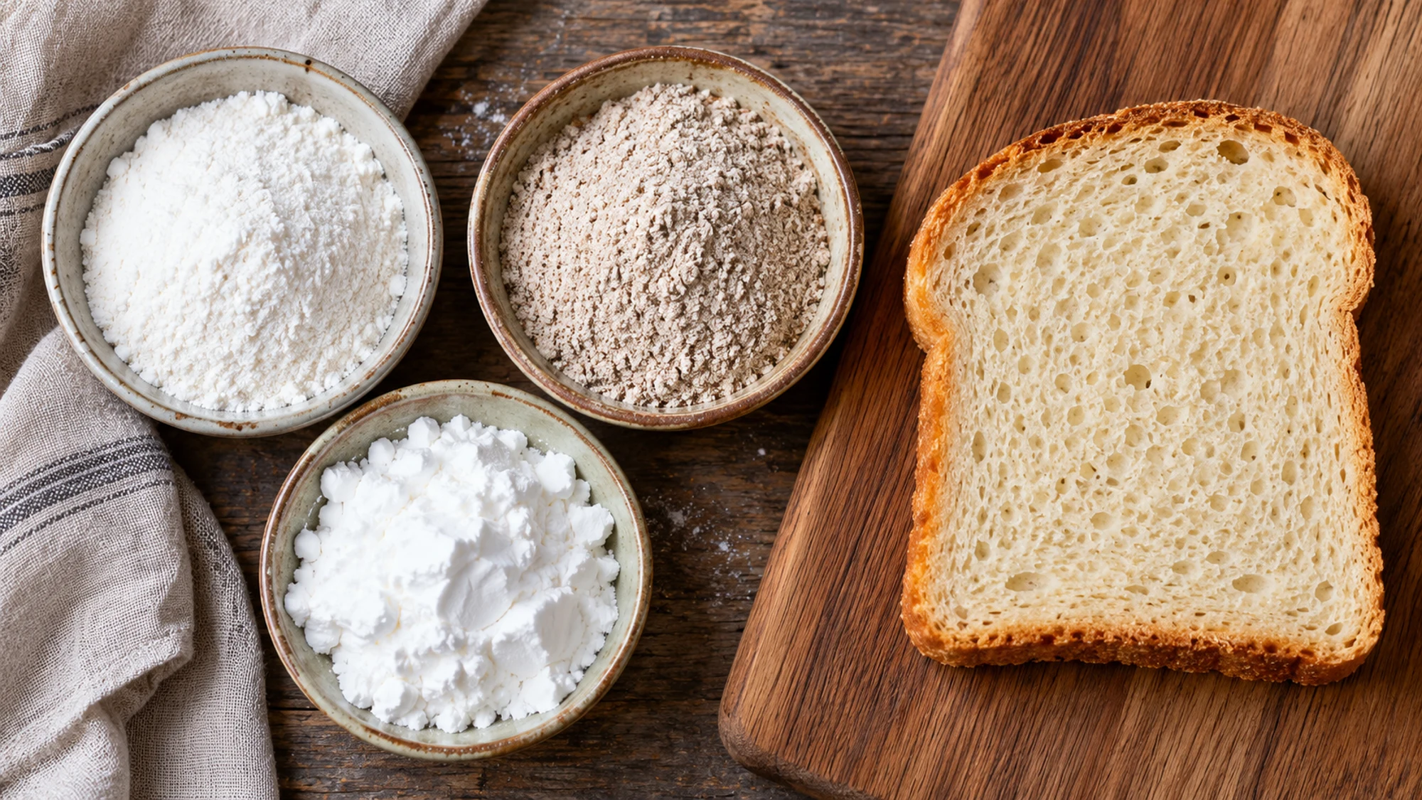Gluten free bread beside rice flour, buckwheat flour and starch