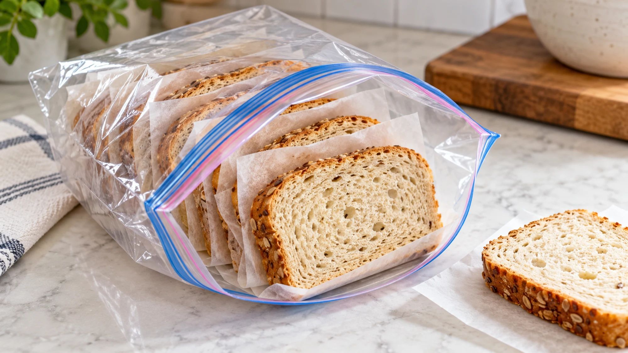 Gluten free bread slices separated with parchment for storage