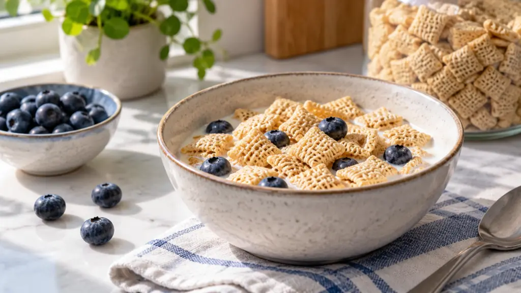Rice lattice cereal with milk and blueberries in a ceramic bowl