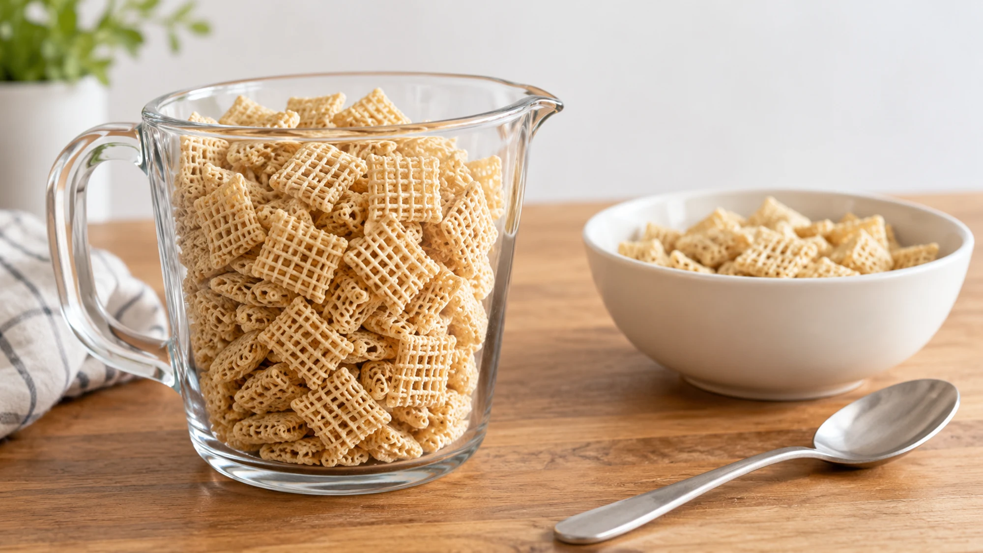 Dry rice lattice cereal in a glass measuring jug beside a breakfast bowl