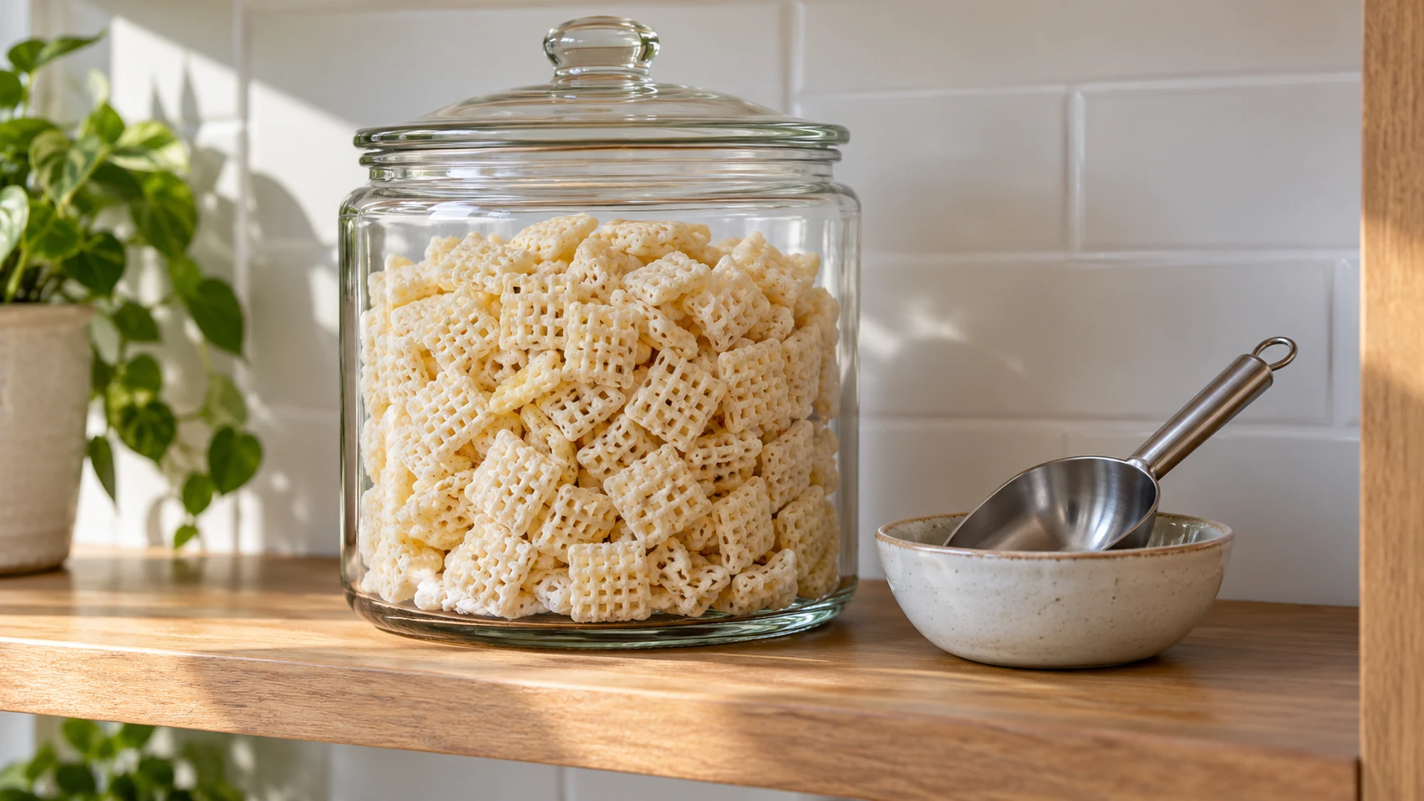 Rice lattice cereal in a closed glass jar with a scoop resting in its own dish