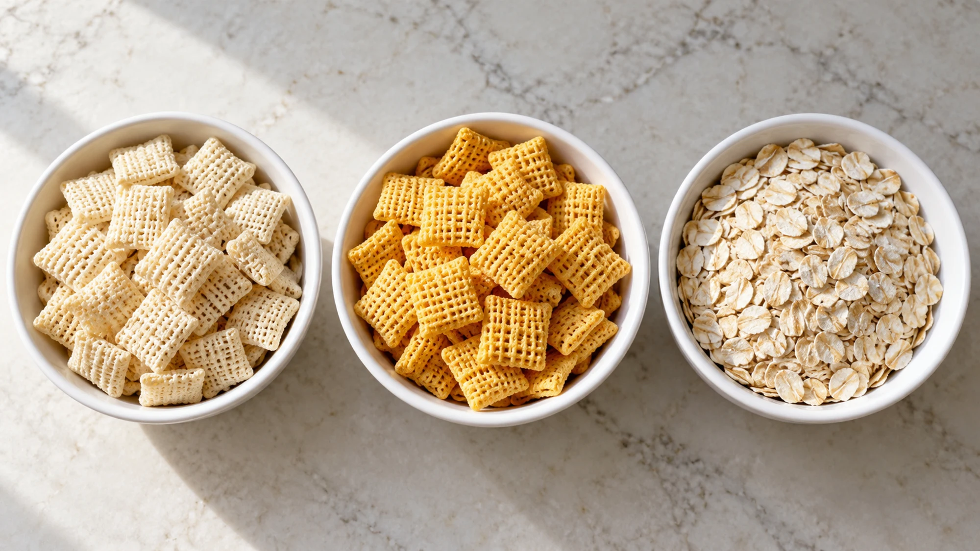Rice cereal squares, corn cereal squares and plain rolled oats in separate bowls